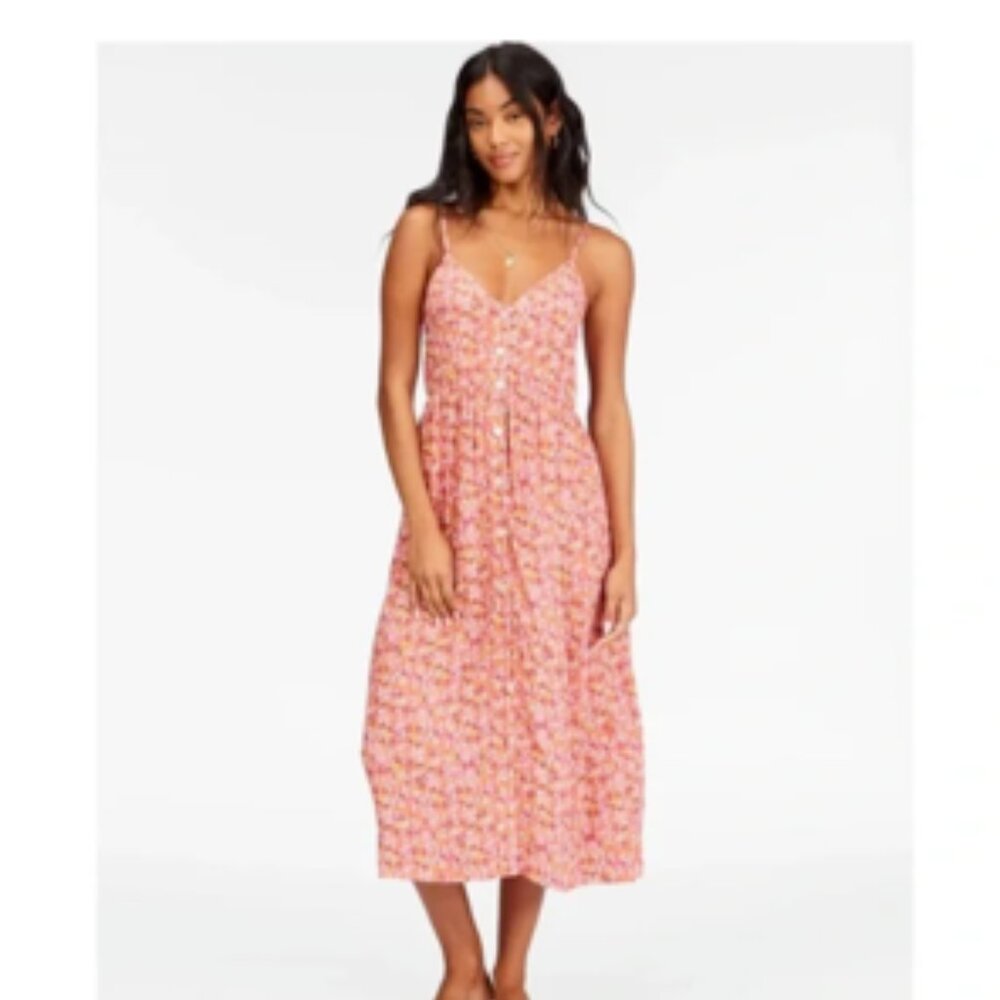BILLABONG VENICE BABE MIDI SLIP DRESS Coral Red/Multi Sz. S - Picture 2 of 6